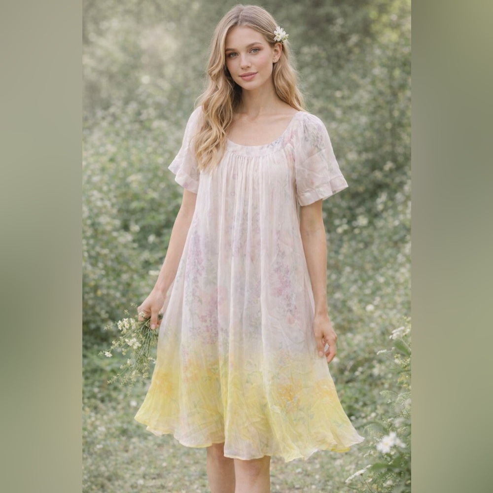Anthro HD in Paris Floral Ombre Mini Dress Size 6 Yellow Chiffon Cottagecore - Picture 8 of 8